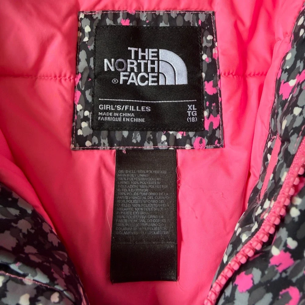 The North Face Delea Insulated Jacket Girls XL HyVent Hooded Pink Gray Scatter